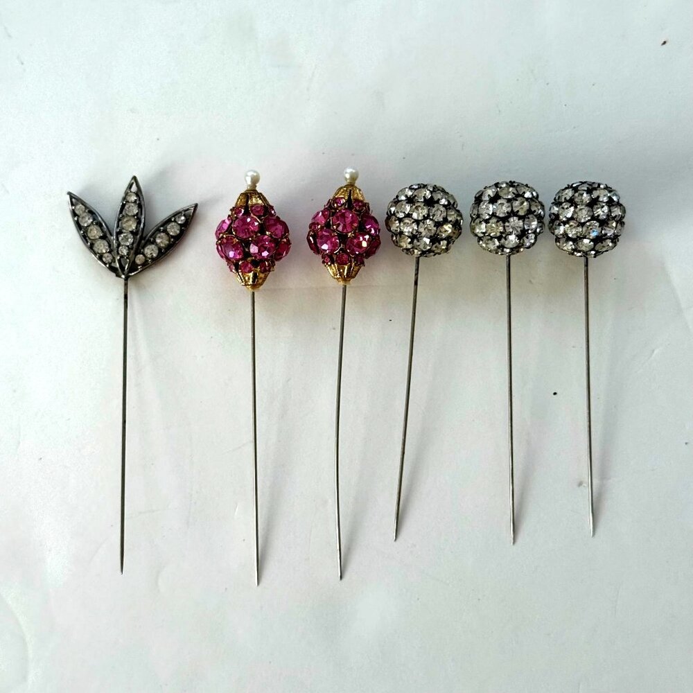 Vintage Rhinestone Hatpins Silver/Gold Tones With Pink Clear Stones